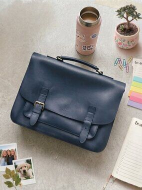 Luccica Navy Blue Leather Satchel Shoulder Bag Briefcase Minimalist Korean Desig
